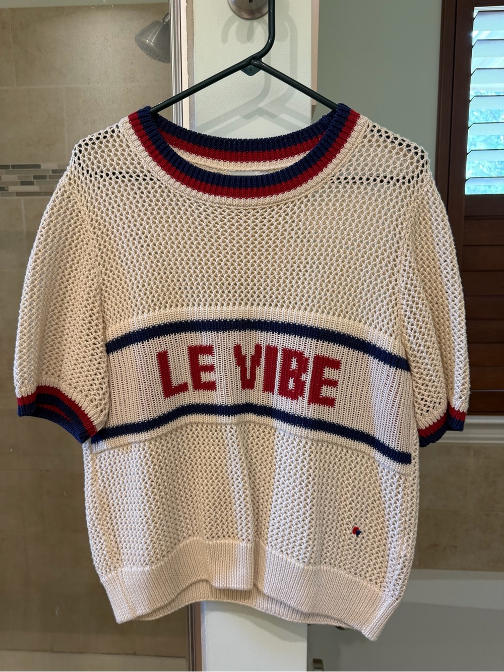 Clare V Le Vibe Knit Mesh Sweater Tee in Cream with Red & Navy size L